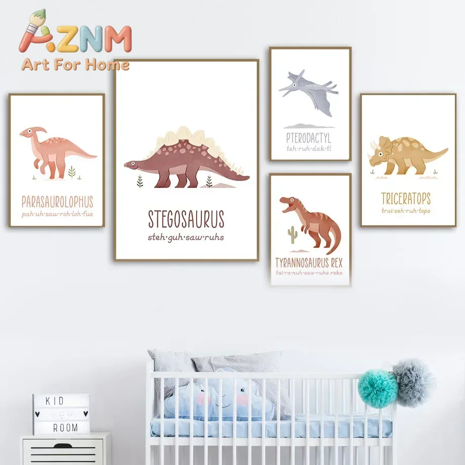 Kids Education Name - AZNM Cute Dinosaur Name Canvas Wall