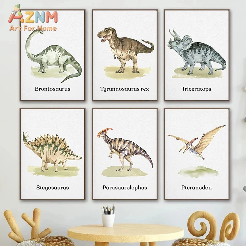 Kids Education Name - AZNM Watercolor Dinosaur Canvas Wall Art,