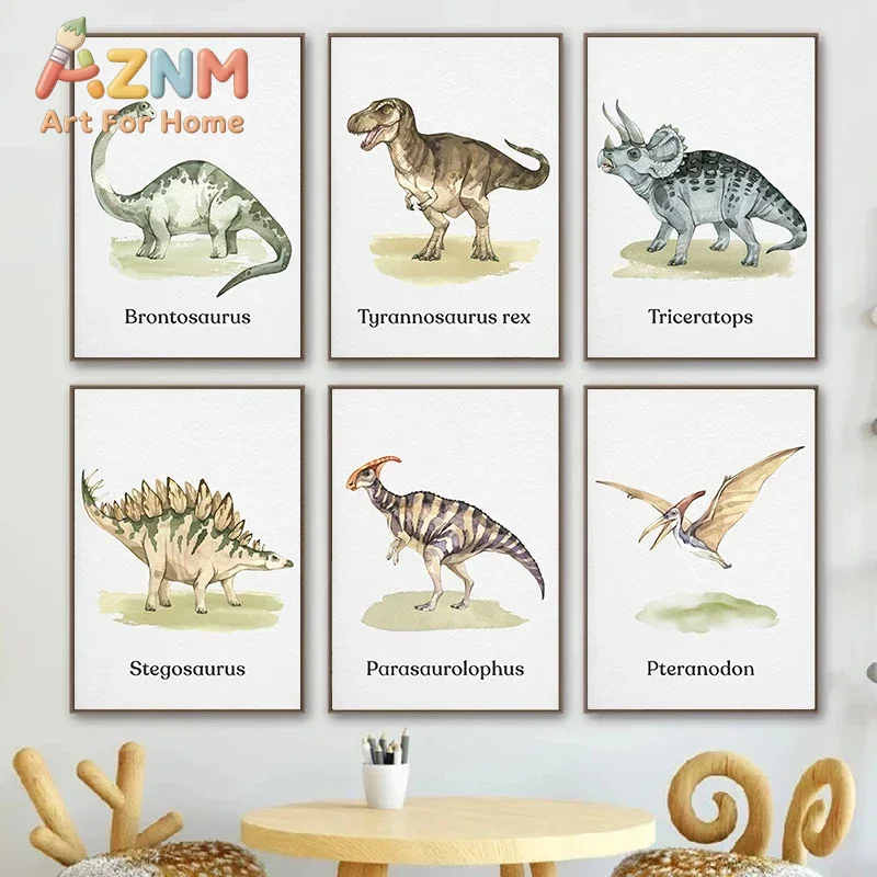 Kids Education Name - AZNM Watercolor Dinosaur Canvas Print, Tyrannosaurus